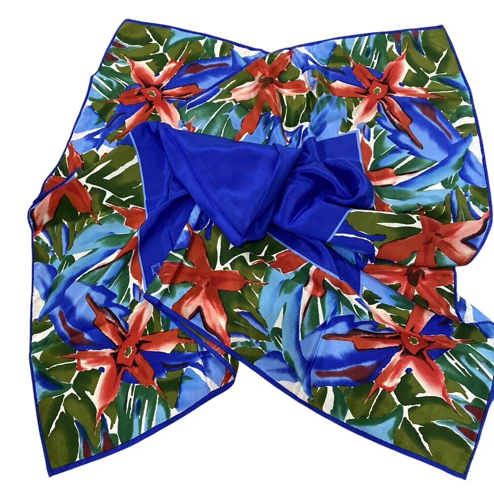 Vintage Anne Klein Pure Silk Scarf 35” Sq Blue & Colorful Jungle Floral Print